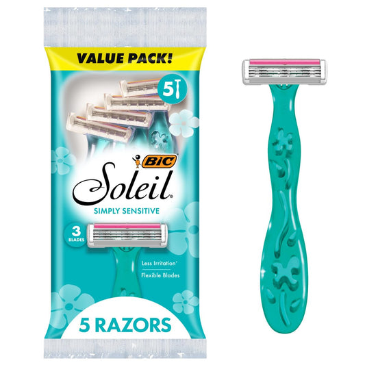 BIC Soleil 3 Simply Women's Disposable 3-Blade Razors, Aloe Moisture Strip, Floral Handles, College Dorm Room Essential, Shower Caddy and Toiletry Bag Beauty and Personal Care BIC