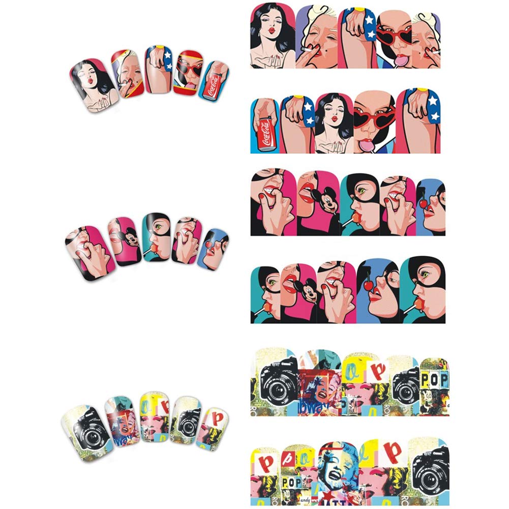 Towenm 12 Sheets Nail Art Stickers Water Transfer Nail Decals for Nail Art, Trendy Marvel Nail Wraps, Sexy Lip Pop Star Nail Decals, Manicure Nail Beauty & Personal Care Towenm
