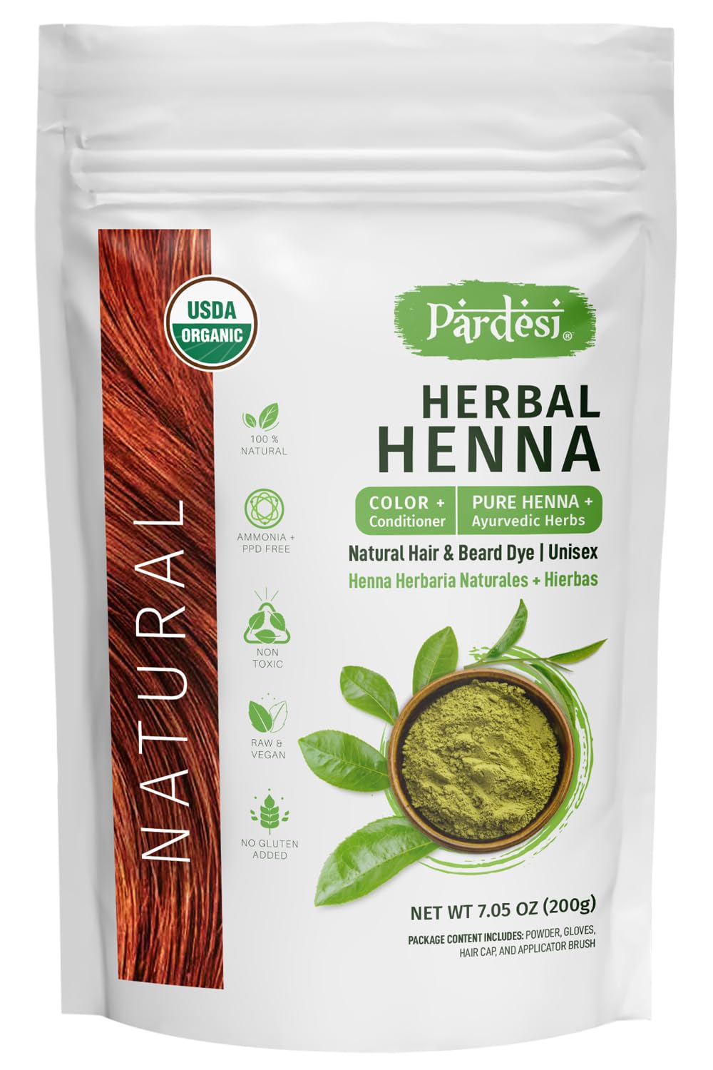 Pardesi Organic Henna Natural 200g - Natural Hair Color & Conditioning Treatment | Halal, Non-GMO, Vegan | Chemical-Free Beauty & Personal Care PARDESI