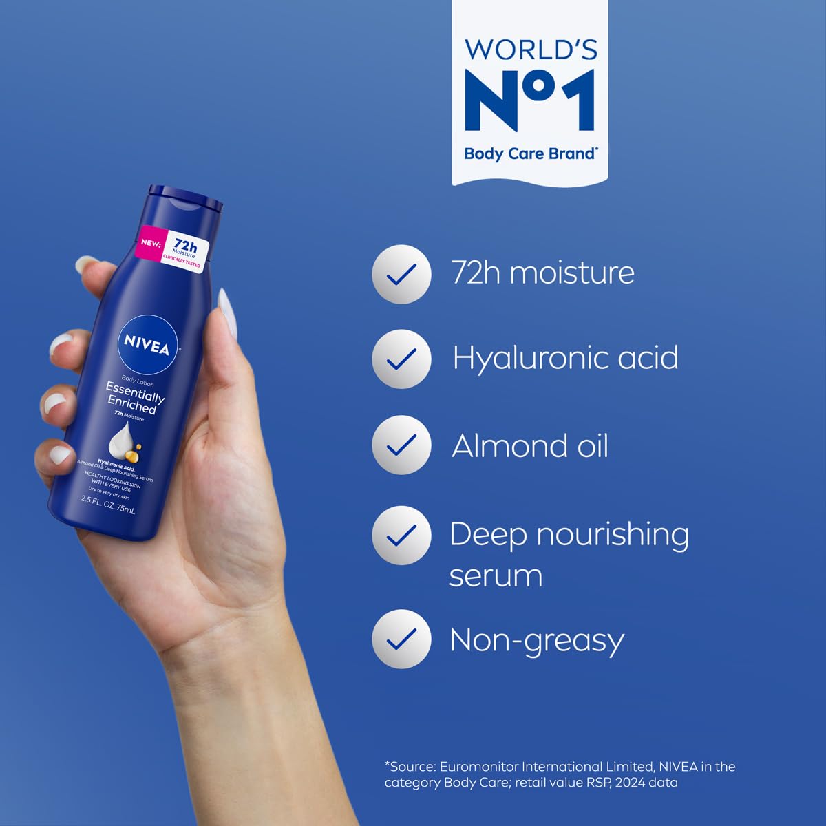 NIVEA Essentially Enriched Body Lotion for Very Dry Skin with Hyaluronic Acid, Almond Oil and Deep Nourishing Serum, 72-Hour Body Moisturizer, 2.5 Fl Beauty & Personal Care NIVEA