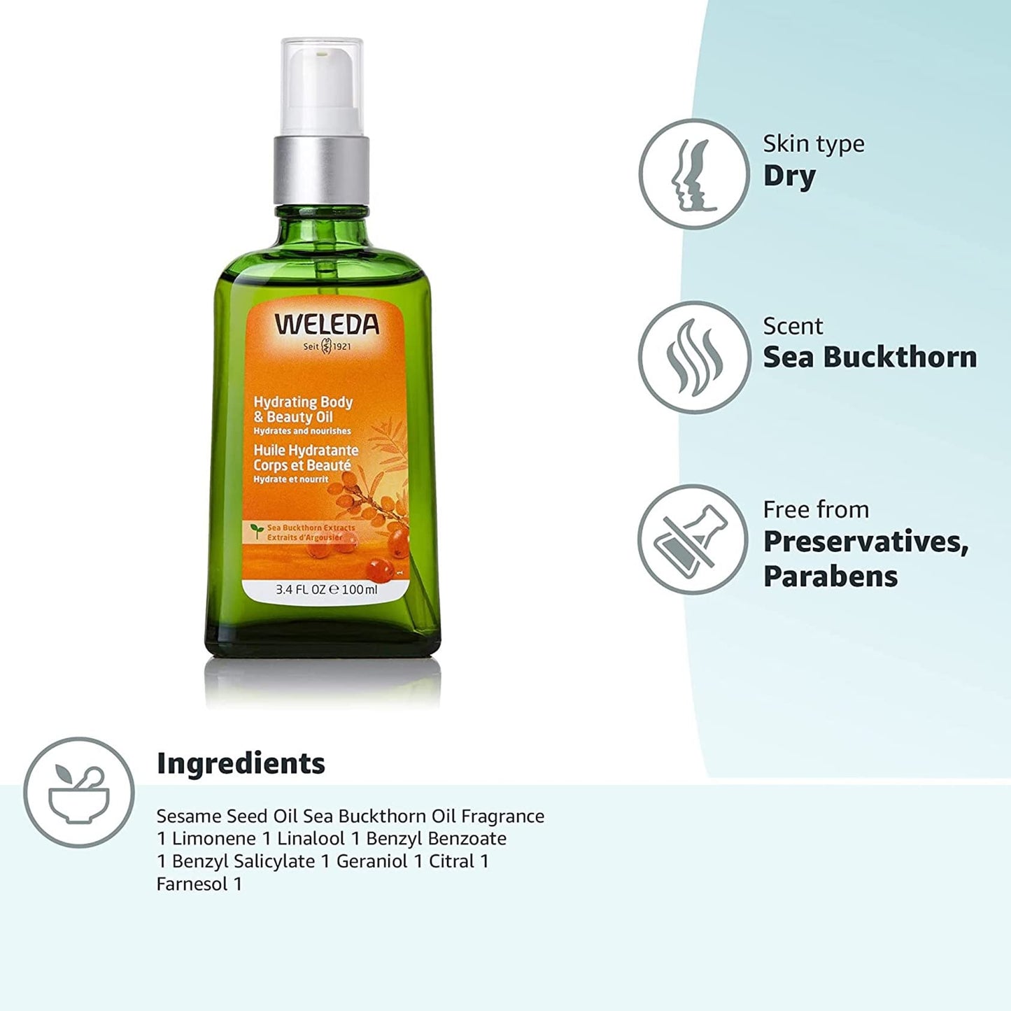 Weleda Hydrating Sea Buckthorn Body and Beauty Oil, 3.4 Fluid Ounce, Plant Rich Body and Beauty Oil with Sea Buckthorn and Sesame Oils Beauty & Personal Care Weleda