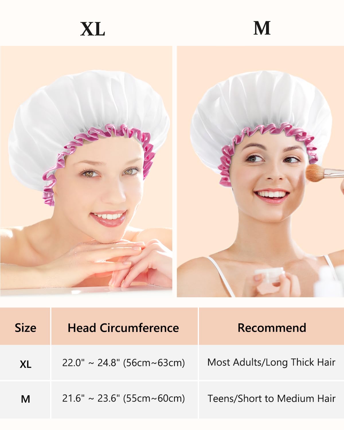 mikimini White Shower Cap Pack of 2 Waterproof Reusable Double Layers Bathing Hair Caps with Soft Comfortable PEVA Lining, Cute, Non-fading & Stretchy Beauty & Personal Care mikimini