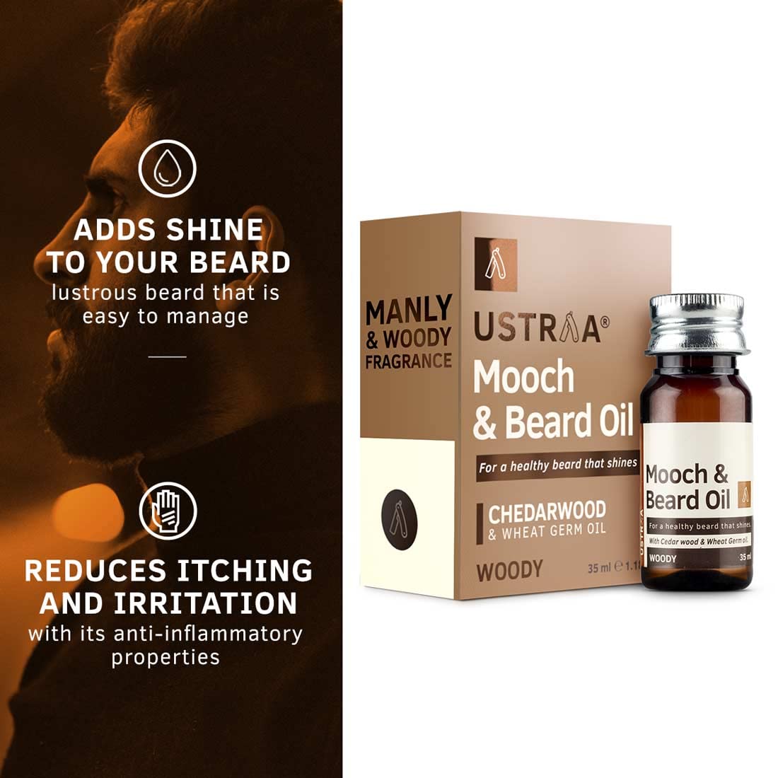 Ustraa Woody Mooch and Beard Oil - 35ml - Shine, Nourishment & Pleasant Fragrance for beard - No Paraben - Cedar Wood Essential Oil & Wheat Germ Oil Beauty and Personal Care Ustraa
