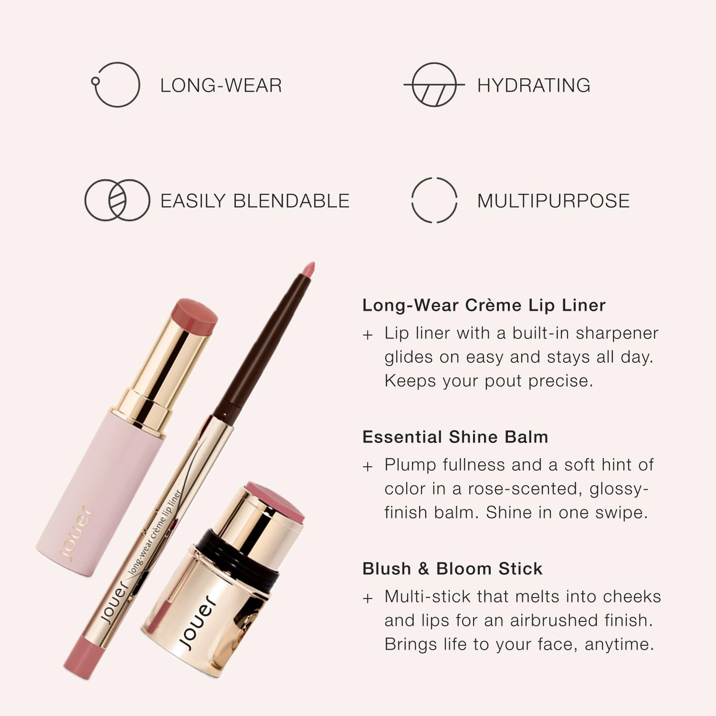 Jouer Bare Rose Collection - Blush Stick, Cream Lip Liner, Lip Plumping Balm Kit - Face Makeup in Rose Shades - Hydrating Formulas for Long Wear Beauty & Personal Care Jouer