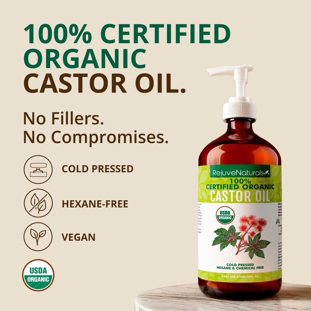 RejuveNaturals Castor Oil (16oz Glass Bottle) USDA Certified Organic, 100% Pure, Cold Pressed, Hexane Free. Boost Hair Growth for Thicker, Fuller Beauty & Personal Care RejuveNaturals
