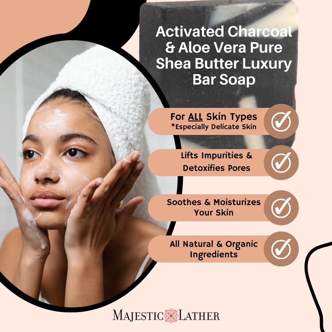 Majestic Lather Soothing Aloe & Activated Charcoal Luxury Bar Soap for Face, Body, Dry Sensitive Skin, Eczema, Psoriasis, Rosacea, ACNE and Oily Skin Beauty & Personal Care Majestic Lather