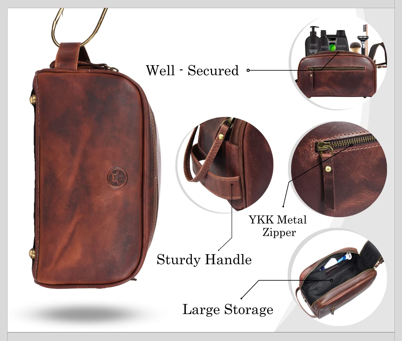 10" Premium Leather Toiletry Travel Pouch With Waterproof Lining | King-Size Handcrafted Vintage Dopp - Kit By Aaron Leather Goods (Dark Brown) Beauty and Personal Care AARON LEATHER GOODS VENDIMIA ESTILO