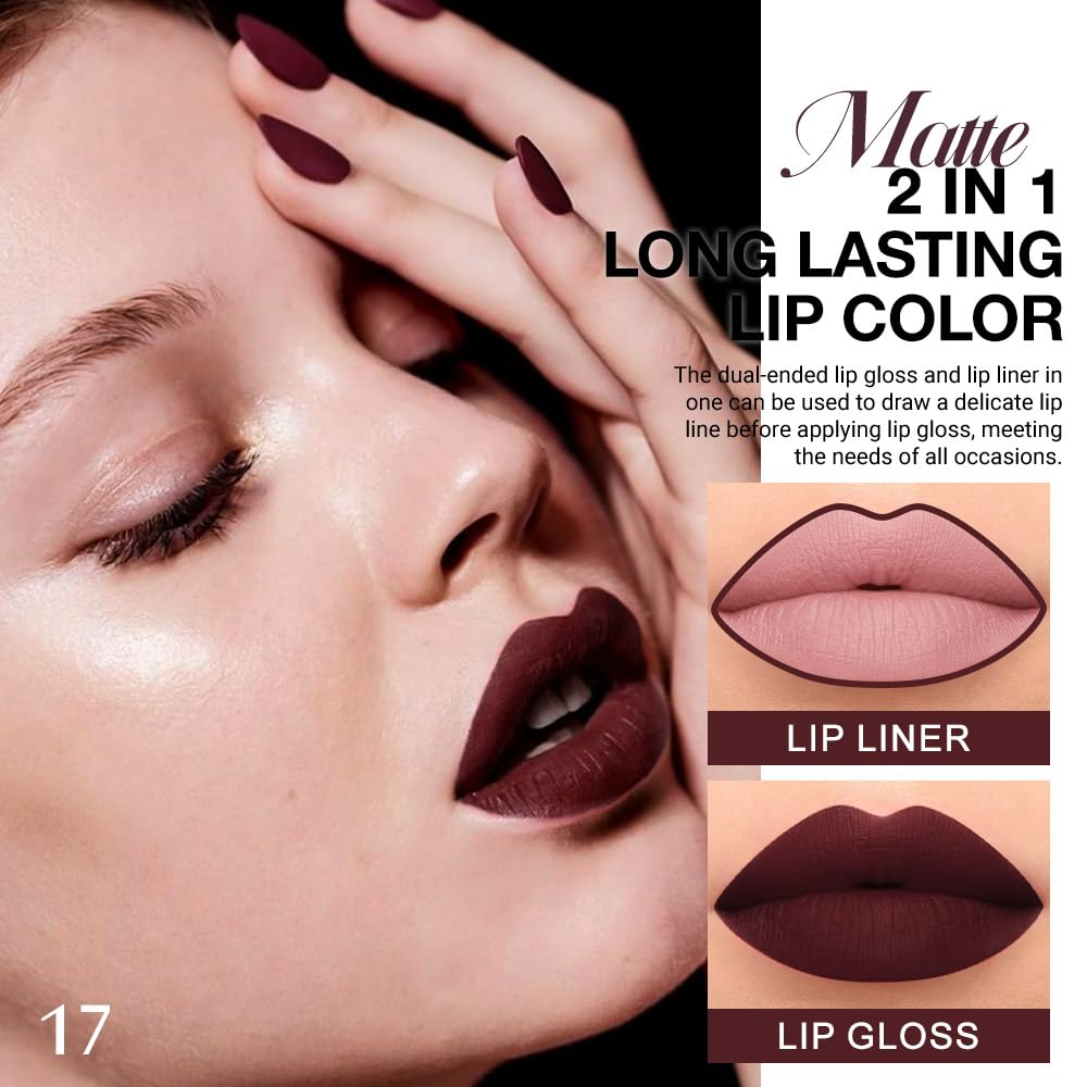 evpct 1Pcs Dark Deep Red Matte Lip Liner and Liquid Lipstick Stain Makeup Set for women, Red Long Lasting Smudge Proof Lipstick labiales matte mate Beauty and Personal Care evpct