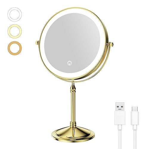 DOWRY 4000 mAh Rechargeable Lighted Makeup Mirror 10x Magnification Vanity Mirror Tabletop Two-Sided Swivel Gifts for Women Wife Mom Teengirls Gold Beauty & Personal Care DOWRY