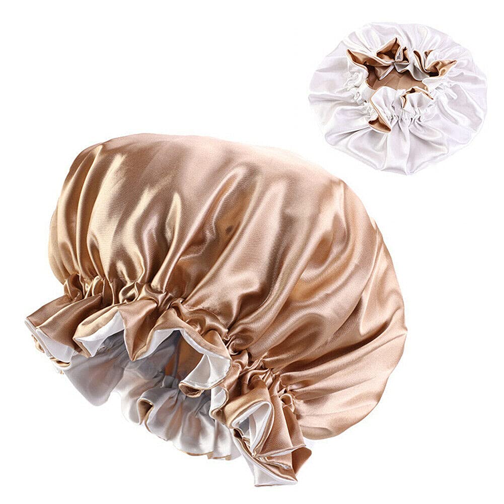 Magik Double-sided Cover Satin Night Sleep Cap Hair Bonnet Hat Head w/Elastic Band (2 Pack, Champagne/Ivory) Beauty and Personal Care Magik