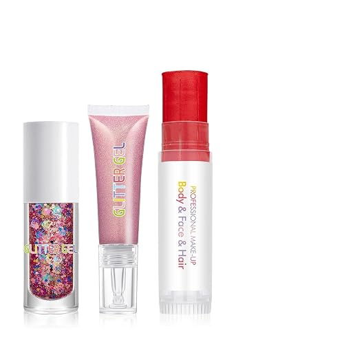 3Pcs Glitter Gel Set - Face & Body Chunky Sparkle Gel with Shimmer Highlighter Stick | Glitter Jelly for Eye, Festival Makeup, Nails, Body Art (Set E) Beauty & Personal Care FindinBeauty