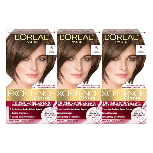 L’Oreal ParisExcellence Triple Protection Color Creme, Medium Brown Natural 5 (Pack of 3)