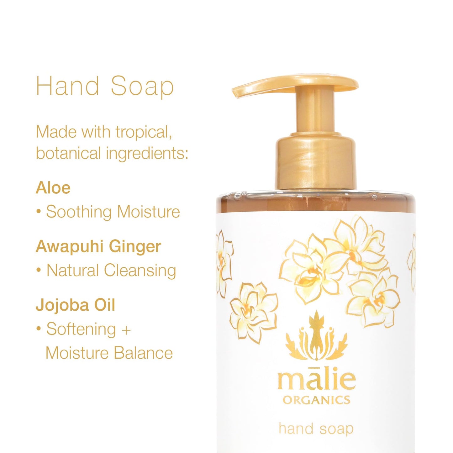 M?lie Organics Hand Soap, Pikake, 13.5 oz, Organic Moisturizing Hand Wash with Aloe+ Hawaiian Hydrosols, Vegan Beauty & Personal Care Malie
