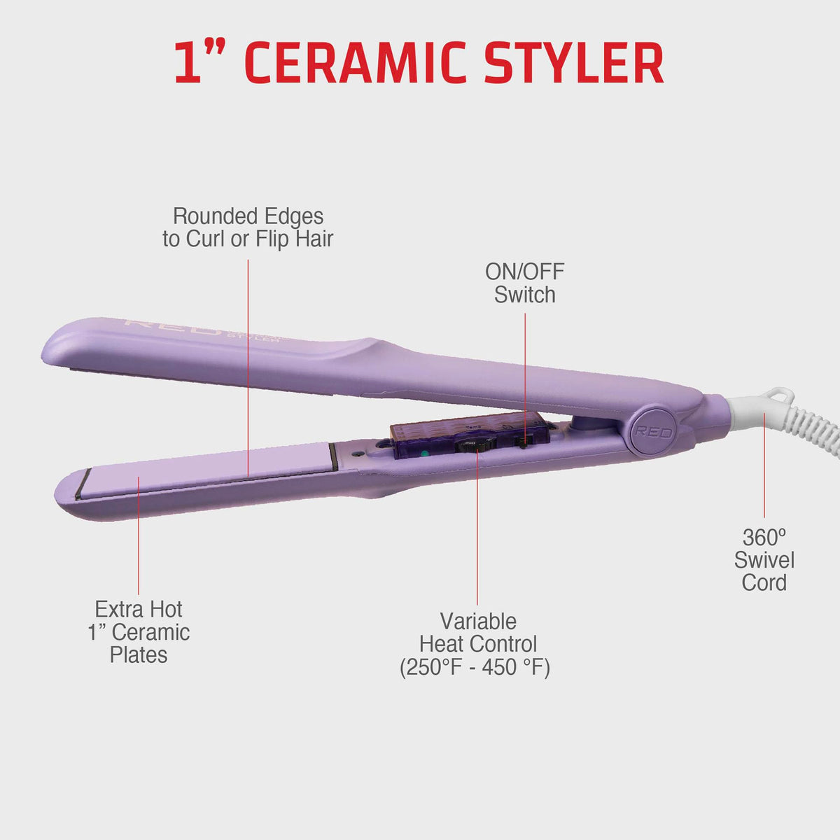 Red by Kiss 1" Ceramic Styler Flat Iron, Up to 450 F Variable Heat Settings for Silky Smooth Hair, Professional Ceramic Plates, Tangle-Free Swivel