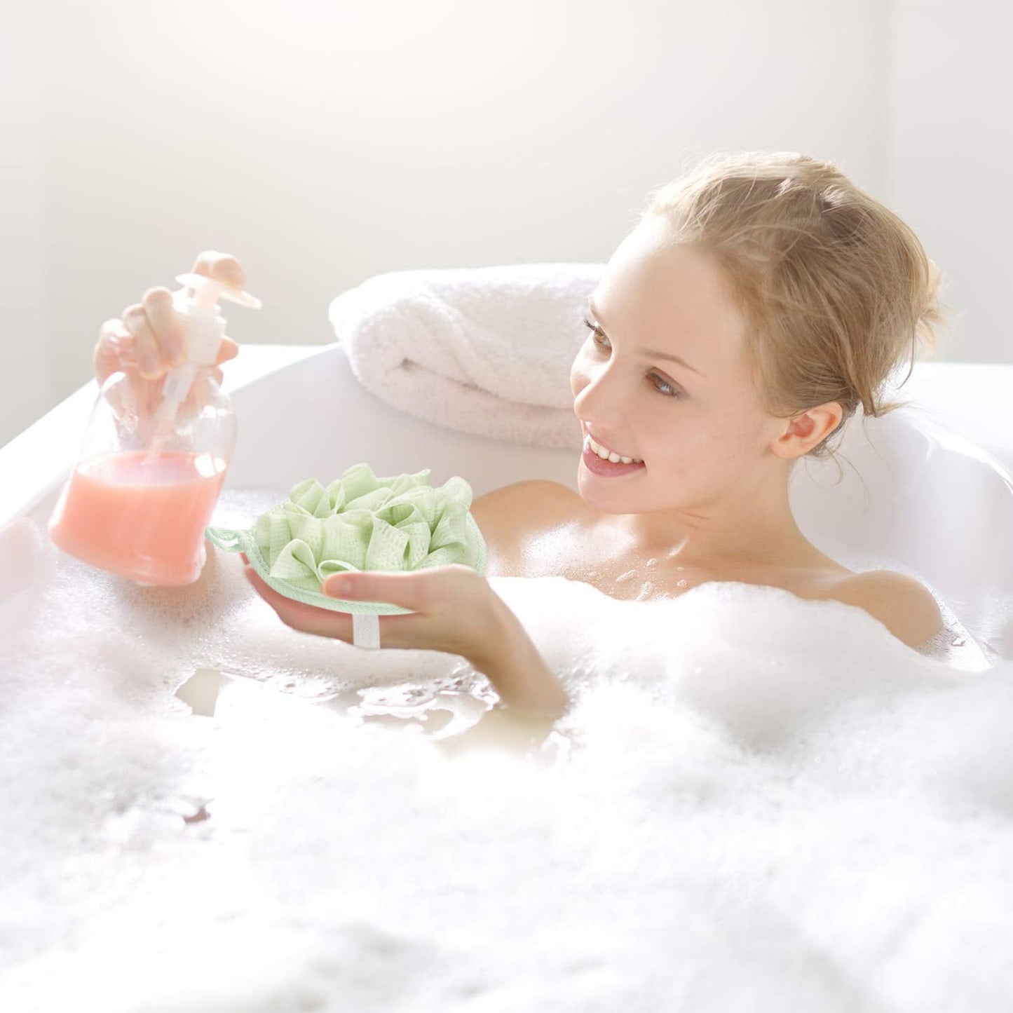 Boao 6 Pcs Bath Shower Pouf Sponge Mesh Pouf Shower Ball Exfoliating Body Sponge Pad Scrubber Glove with Flower Bath Ball (Beige,Green,Purple) Beauty & Personal Care Boao