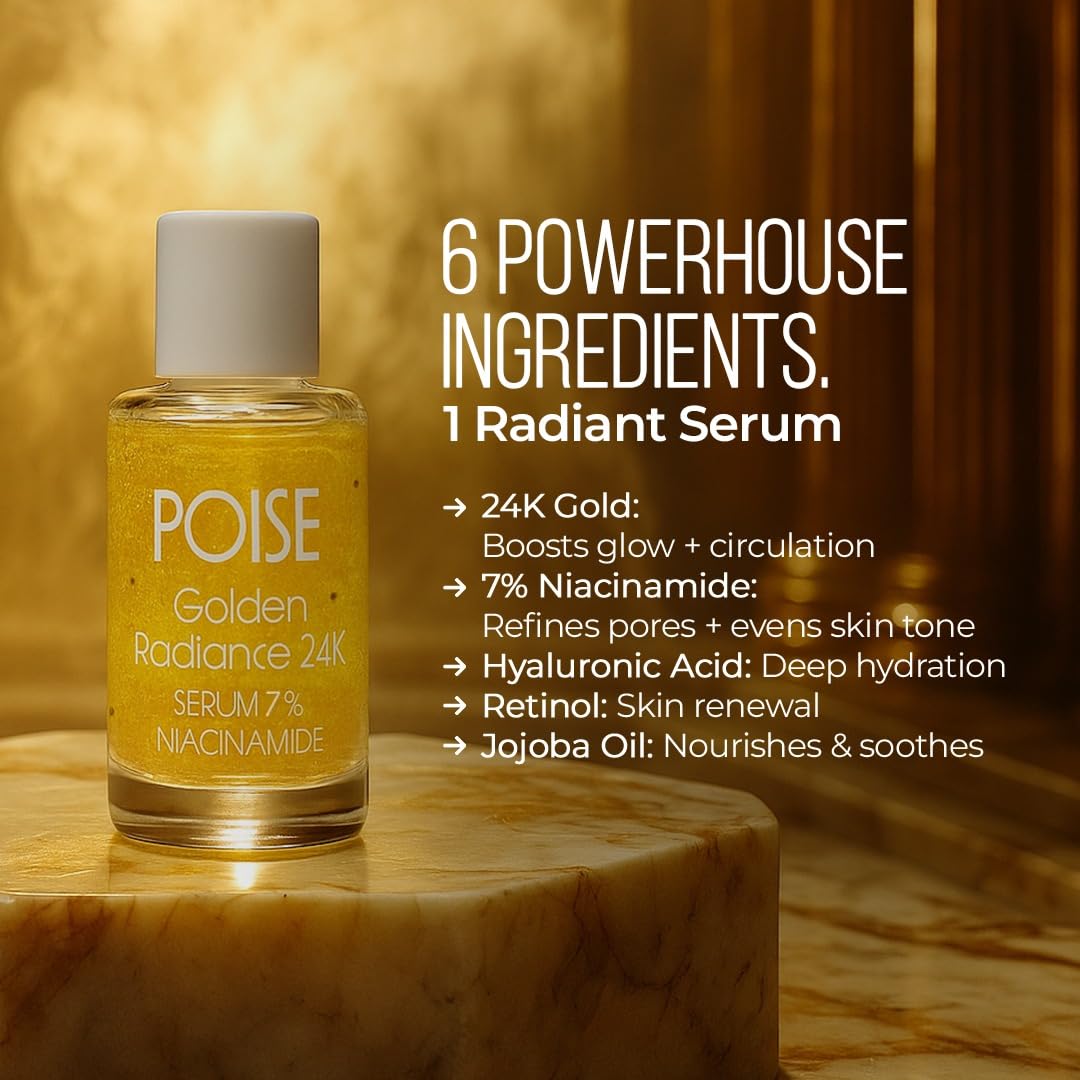 POISE COSMETICS 24K Golden Radiance Serum, Niacinamide and Vitamin C Serum for Vibrancy and Hydration, Helps Even Skin Tone for a Youthful Glow (0.5 Beauty & Personal Care POISE COSMETICS