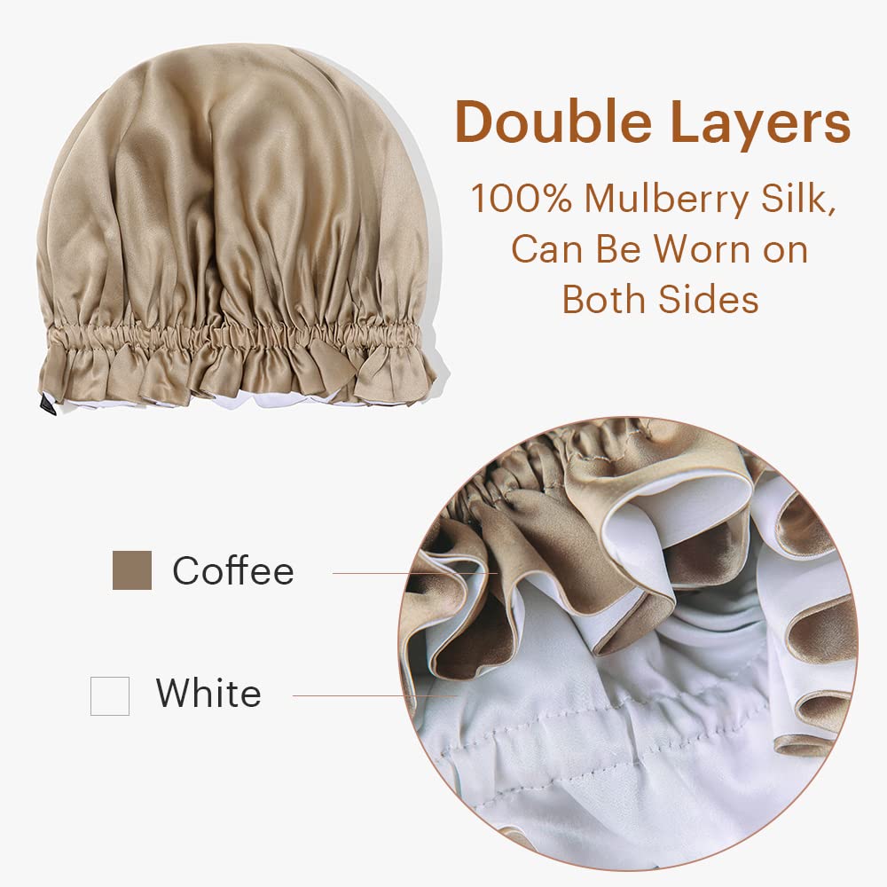 LilySilk Pure Silk Lined Cap for Women Sleep, Double Layered, Adjustable Ribbons, Luxury Natural Silk Bonnet Cap for Sleeping Coffee+White Beauty and Personal Care LilySilk