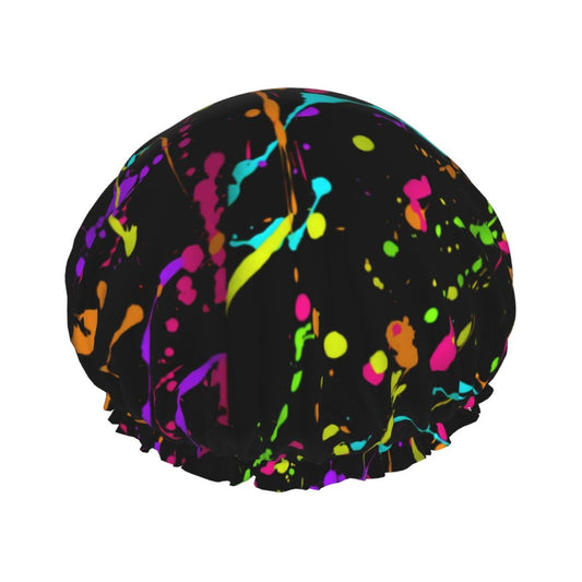 Glow in Dark Splatter Neon Shower Cap Reusable Double Waterproof Layers Bathing Shower Hat Hair Protection Shower Hat Beauty and Personal Care Wegphh