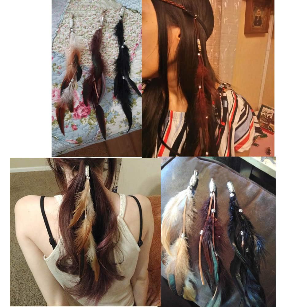 RONRONS 6 Pack Handmade Boho Hippie Hair Extensions with Feather Clip Comb Headdress DIY Accessories for Women (Brown, Black, Khaki) Beauty & Personal Care RONRONS