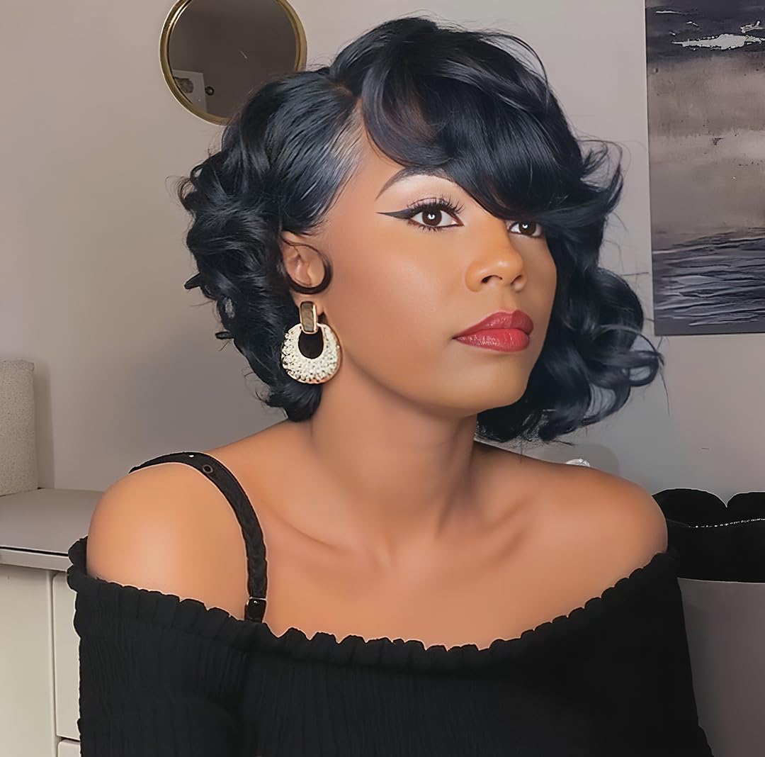Nicelatus Synthetic Curly Wigs for Black Women Shoulder Lenght Bob Hairstyles Black Bob Hair Wig Afro Curly Hairstyles (Nicelatus 9516)