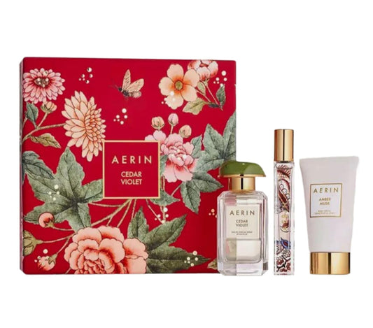 AERIN Limited Edition Cedar Violet 3 Piece Gift Box Set - Cedar Violet Eau De Parfum and Amber Musk Eau De Parfum and Body Cream Beauty & Personal Care AERIN