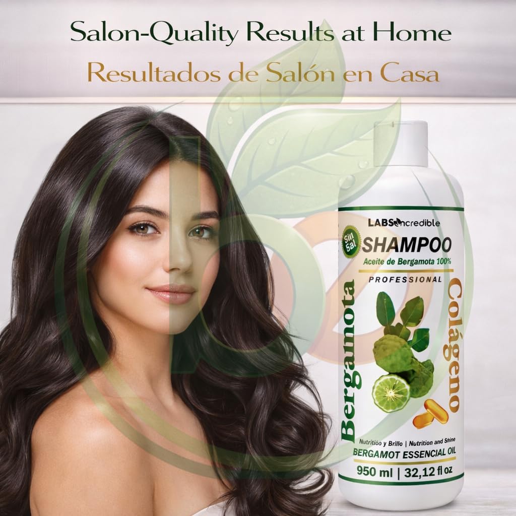 Bergamot + Collagen Shampoo - 950 ml - Salt-Free - Deep Cleansing & Frizz Control - Moisturizes, Conditions & Smooths - Professional Hair Care - Silky