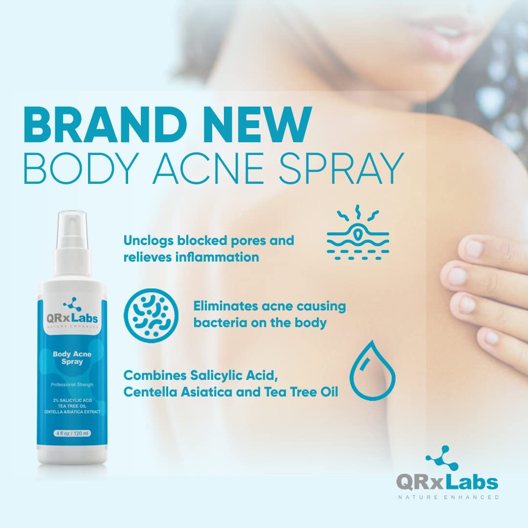 QRxLabs NEW! Body Acne Spray with 2% Salicylic Acid, Tea Tree Oil and Centella Asiatica Extract - Controls breakouts on back, arms, chest- 4 fl oz Beauty & Personal Care QRxLabs