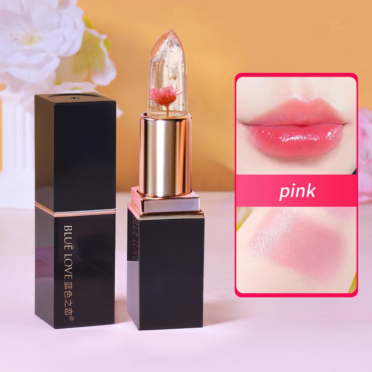 BLUE LOVE 2PCS Color Changing Flower Lipstick - Hydrating Jelly Lip Balm with Flower, Long-Lasting Moisturizer & Nourishing Lip Gloss (Gold&Pink) Beauty and Personal Care BLUE LOVE
