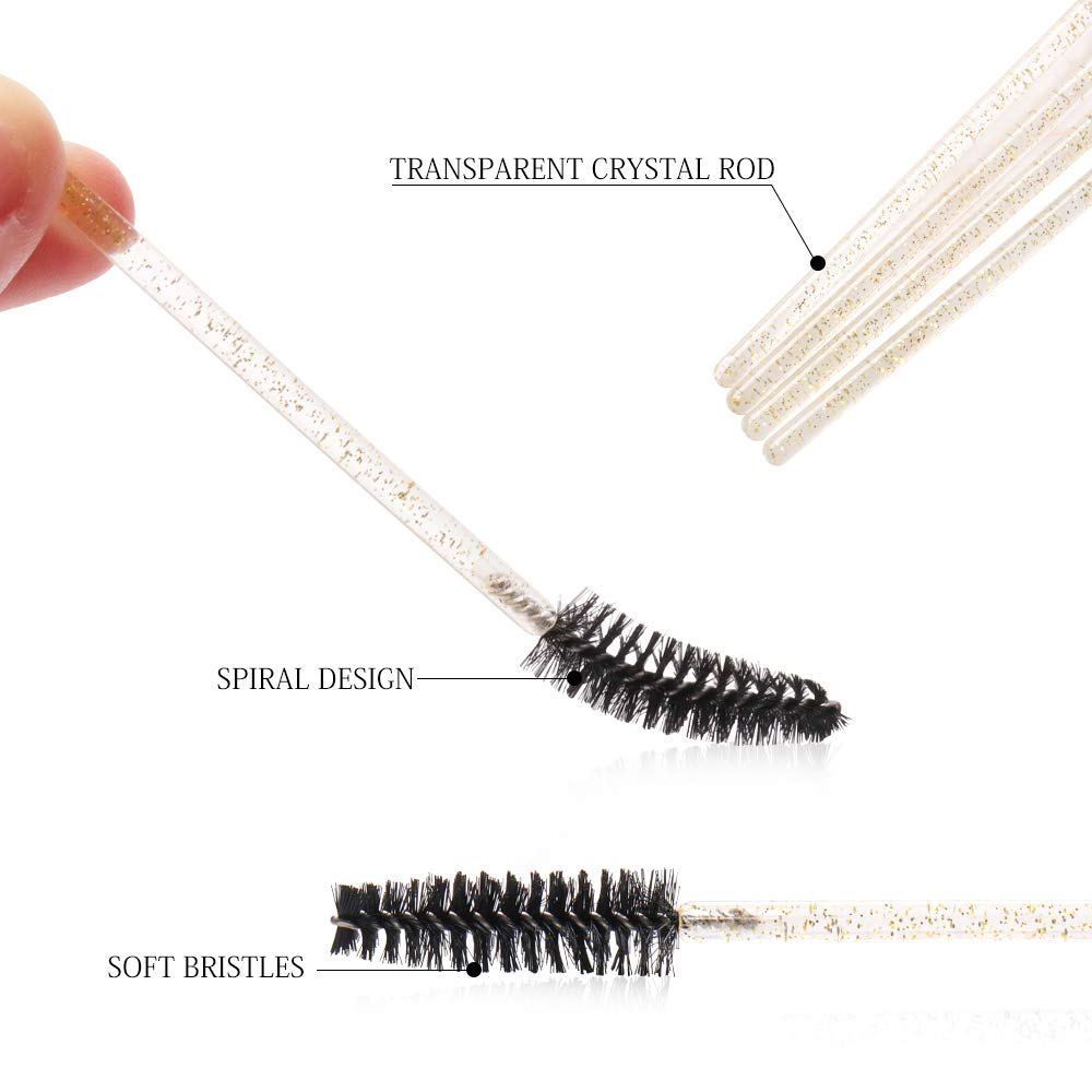 300 Pack Glitter Mascara Wands Disposable EyeLash Spoolie Brushes Makeup Applicator Eyelash Extension Tool Kit, Crystal Gold Handle Black Brush Head Beauty & Personal Care Mekupeu