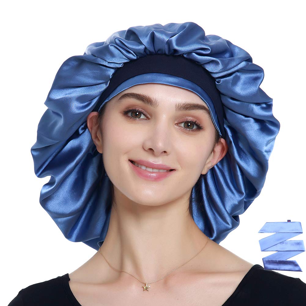 Double Layer Bonnet Long Satin Cap Head Wrap for Sleeping Blue Beauty and Personal Care Alnorm