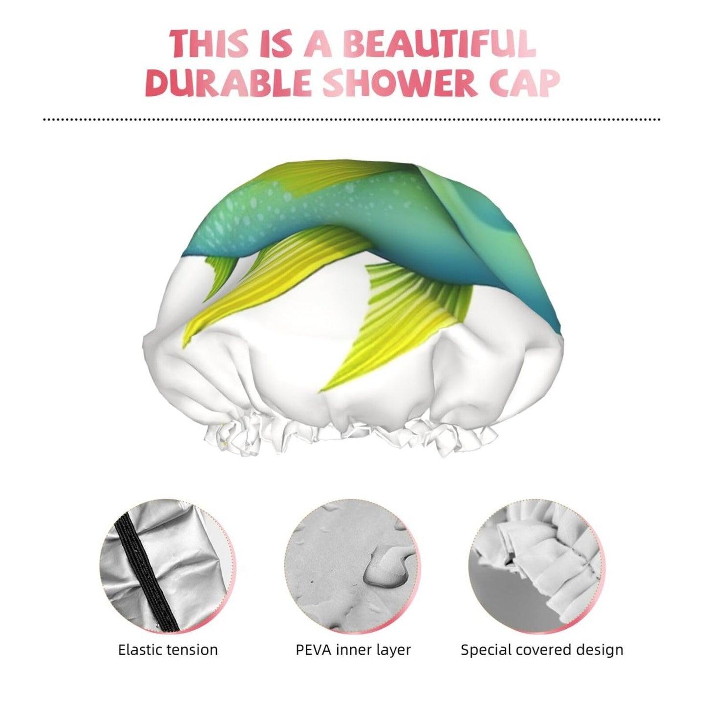 Green fish Shower Cap for Women Men Large Reusable Shower Bonnet Double-Layer Waterproof Bath Caps Elastic Band Hair Hat for All Hairstyles Beauty and Personal Care BWLHJKE