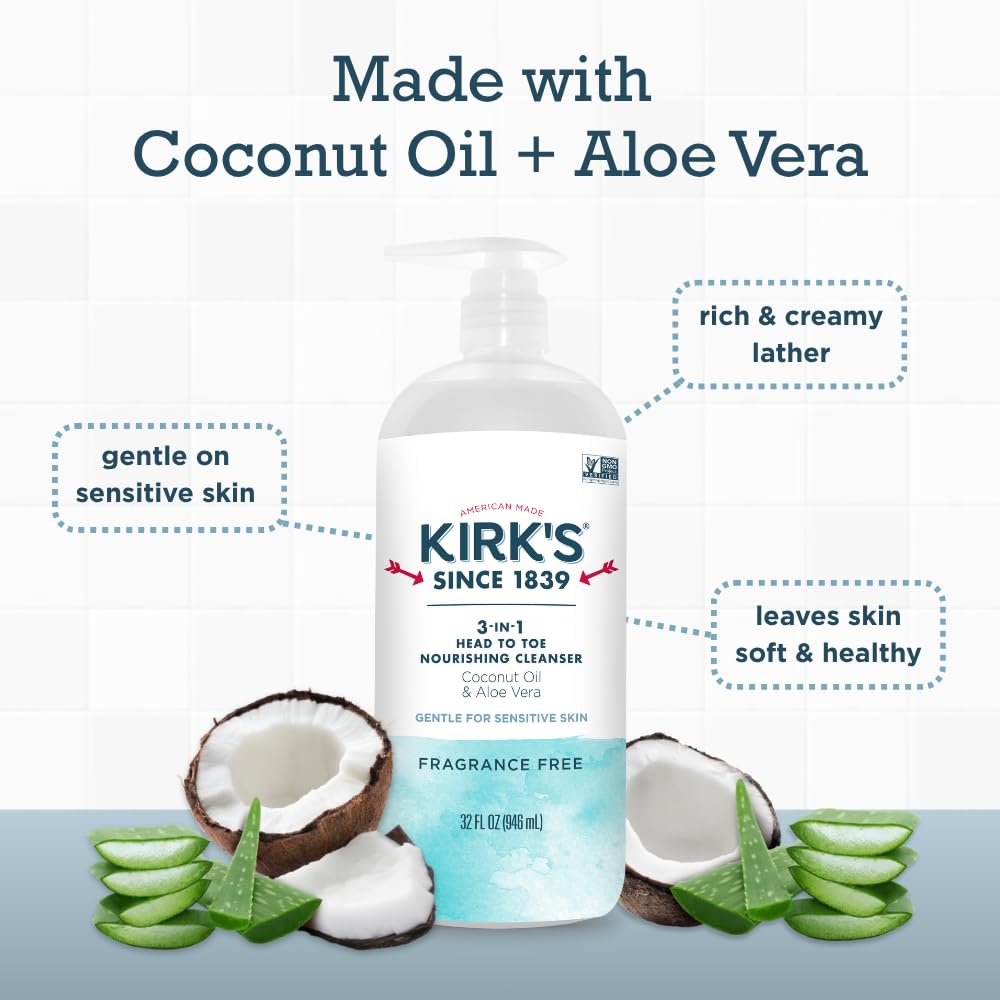 Kirk's Fragrance Free 3-in-1 Nourishing Cleanser, Shampoo Body Wash Bubble Bath, Coconut Oil and Aloe Vera, Vegan Non-GMO, 32 Fl Oz Beauty & Personal Care Kirk's