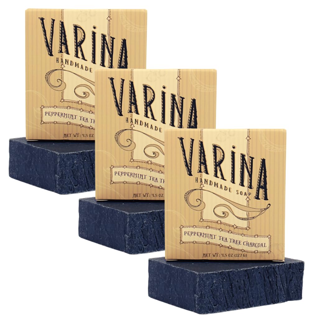 Varina Organic Peppermint Tea Tree Activated Charcoal Bar Soap - Gentle Cleansing for Sensitive Skin, Herbal and Mint - 3 Pack - Experience Healthy Beauty & Personal Care Varina