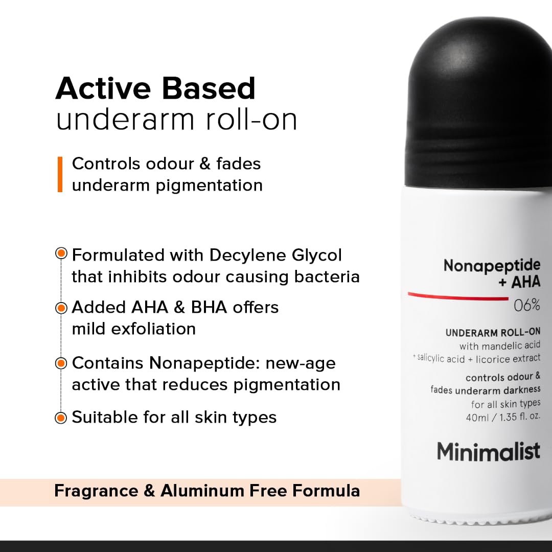 Minimalist Underarm Roll On Deodorant with Nonapeptide + AHA BHA 06% - Control Odour & Fade Darkness - Fragrance Free, Aluminium Free Deodorant - 1.35 Beauty and Personal Care Minimalist
