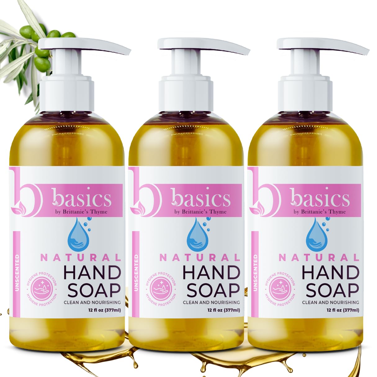 Brittanie's Thyme Basics Natural Olive Oil Hand Soap, Unscented - 12 fl oz, Pack of 3 - Cruelty Free, Vegan, No Synthetic Additives, No Sulfates Beauty & Personal Care Brittanie's Thyme