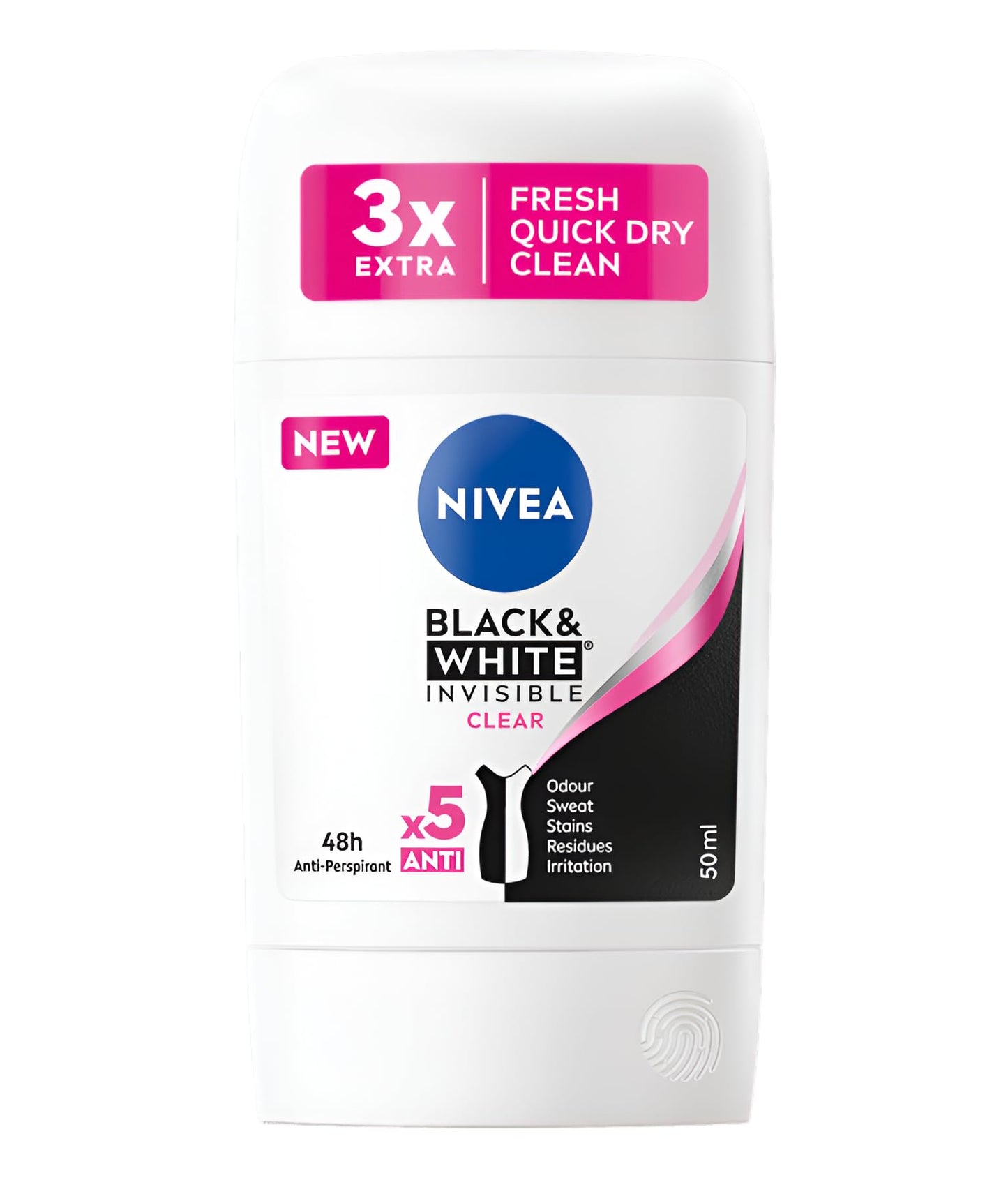 NIVEA Black & White Invisible Clear Deodorant Stick Bundle, 2-Pack of 50 ml Each - Long-Lasting Freshness, No White Marks on Black Clothing, Gentle Beauty and Personal Care NIVEA
