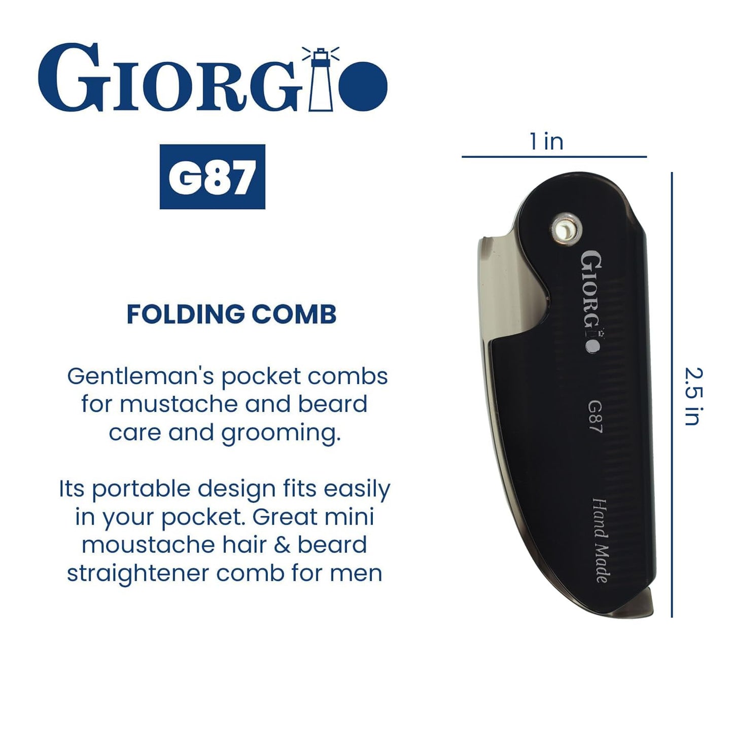 Giorgio G87 Folding Mustache and Beard Comb, Small Pocket Comb for Men,Fine Tooth,Handmade, Saw-cut, Hand Polished,Pocket Styling Combs for Everyday Beauty and Personal Care GIORGIO
