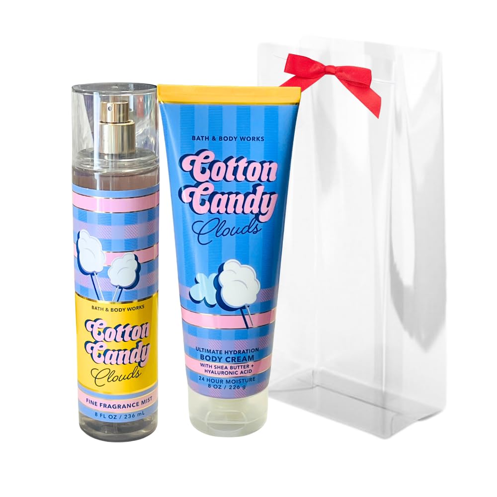 Bath & Body Works COTTON CANDY CLOUDS Fine Fragrance Mist and Ultimate Hydration Body Cream 2pc Gift Set with a Red Bow for Holidays - Full Size Beauty and Personal Care Bath & Body Works