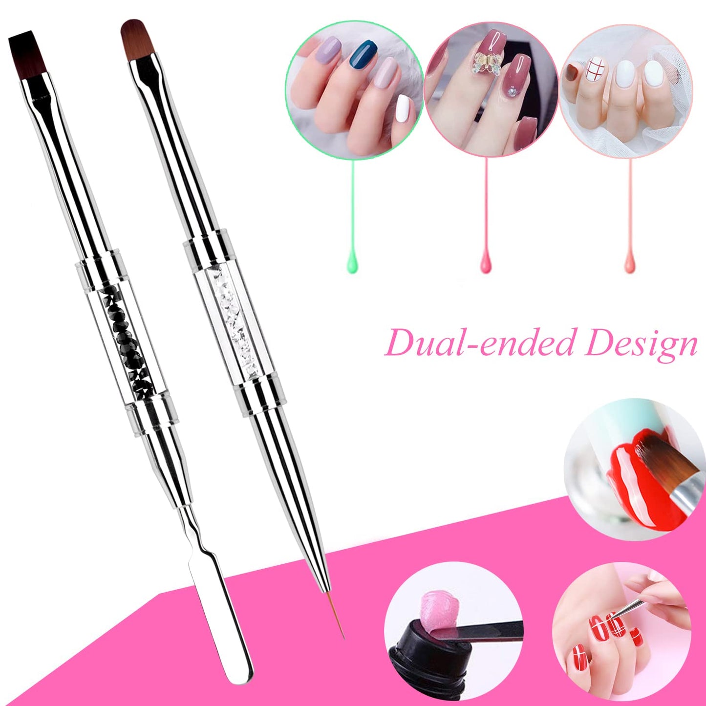 LEQ 2Pcs Nail Art Brush Set, Dual-ended Oval & Flat Gel Nail Polish Brushes Nail Art Liner Brush Polygel Slice Tool for PolyGel UV Builder Gel Nails Beauty & Personal Care LEQ