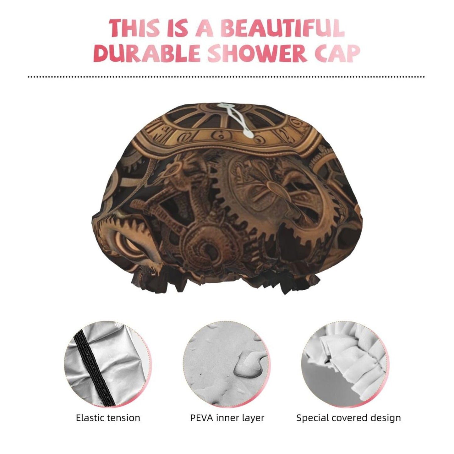 Steampunk Gears Clock Shower Cap for Women Men Large Reusable Shower Bonnet Double-Layer Waterproof Bath Caps Elastic Band Hair Hat for All Beauty and Personal Care BWLHJKE