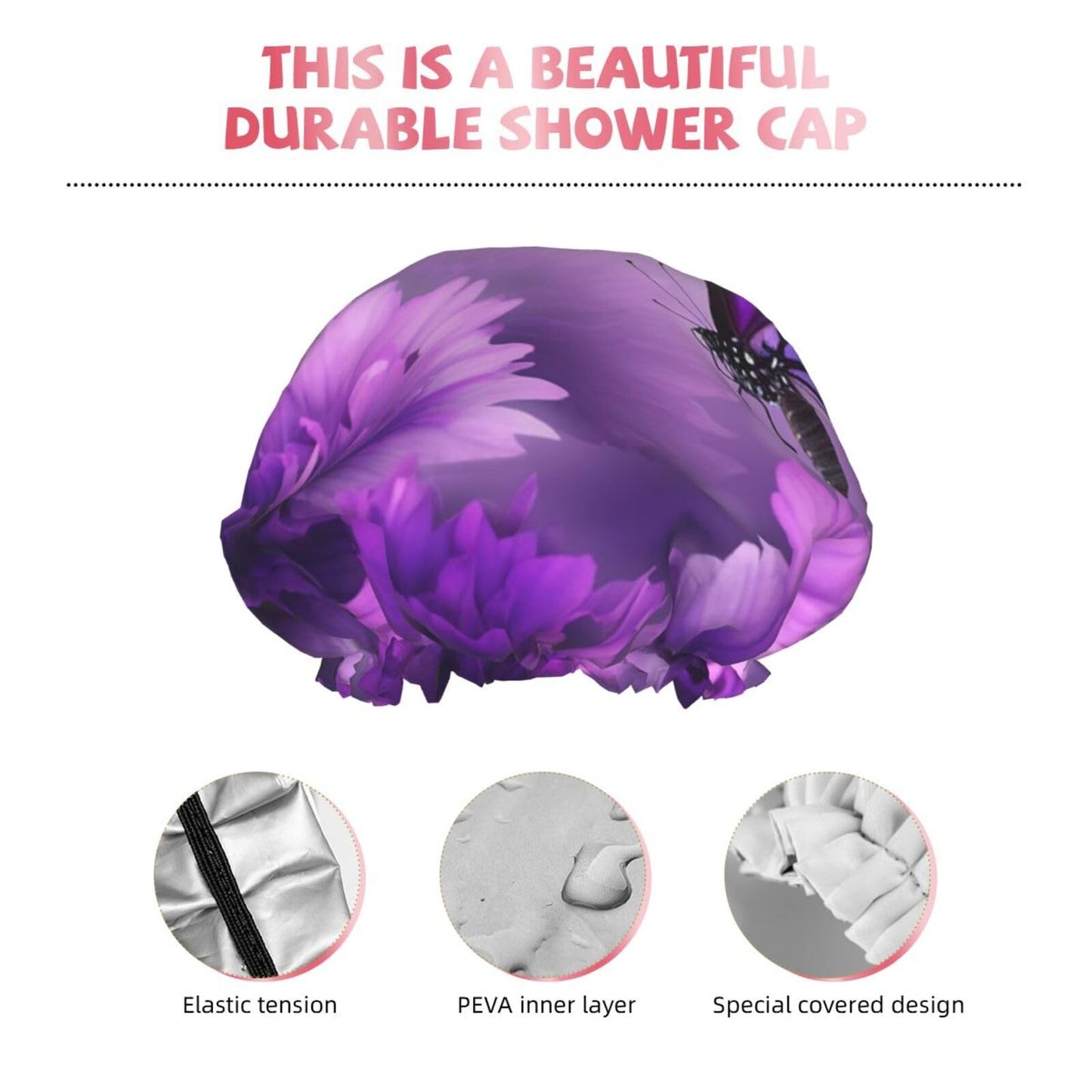 Purple Flower Butterflies Shower Cap for Women Men Large Reusable Shower Bonnet Double-Layer Waterproof Bath Caps Elastic Band Hair Hat for All Beauty and Personal Care BWLHJKE