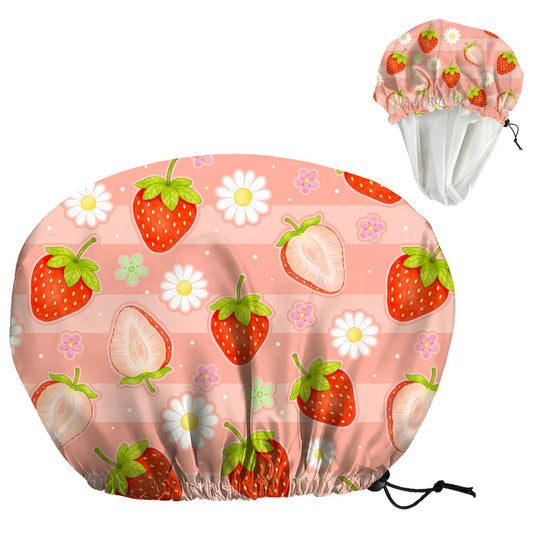 DELORIGIN Strawberries Reusable Shower Cap Cute Fruit Double Layer Waterproof Shower Caps Large Elastic Hair Cover Adjustable Hair - Drying Caps Beauty and Personal Care DELORIGIN