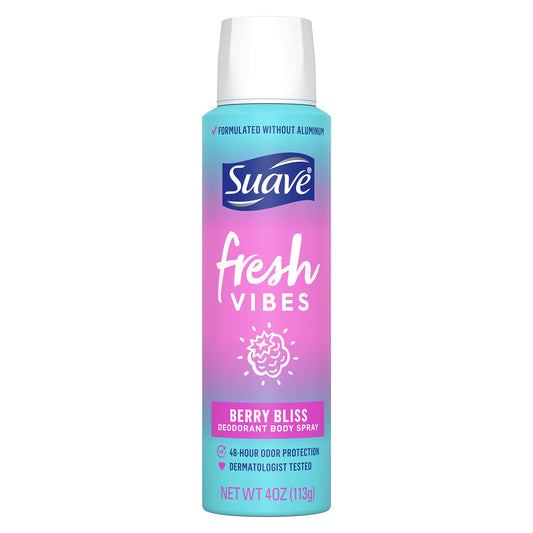 Suave Fresh Vibes Berry Bliss Body Spray, Aluminum Free 48 Hour Protection, Dermatologist Tested 4 oz Beauty and Personal Care Suave
