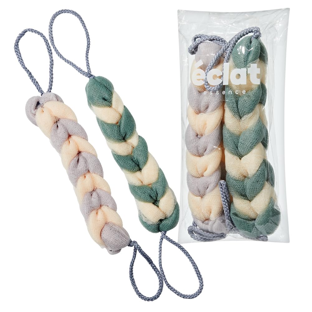 Éclat Long Stretch Back Loofah, Braided Mesh Shower Sponge with Rope Handles, Exfoliating Body Scrubber, Long Handle Bath Pouf for Deep Cleansing Beauty and Personal Care Éclat