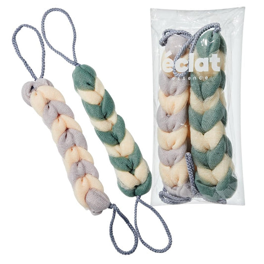 Éclat Long Stretch Back Loofah, Braided Mesh Shower Sponge with Rope Handles, Exfoliating Body Scrubber, Long Handle Bath Pouf for Deep Cleansing Beauty and Personal Care Éclat
