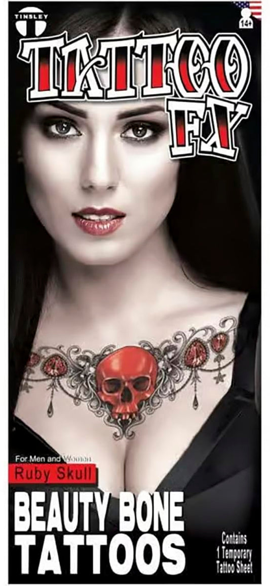 Realistic Red Ruby Skull Temporary Tattoo for Upper Chest | Gothic Beauty Bone Tattoo | Easy to Apply, Film Quality Clavicle Tattoo by Tinsley