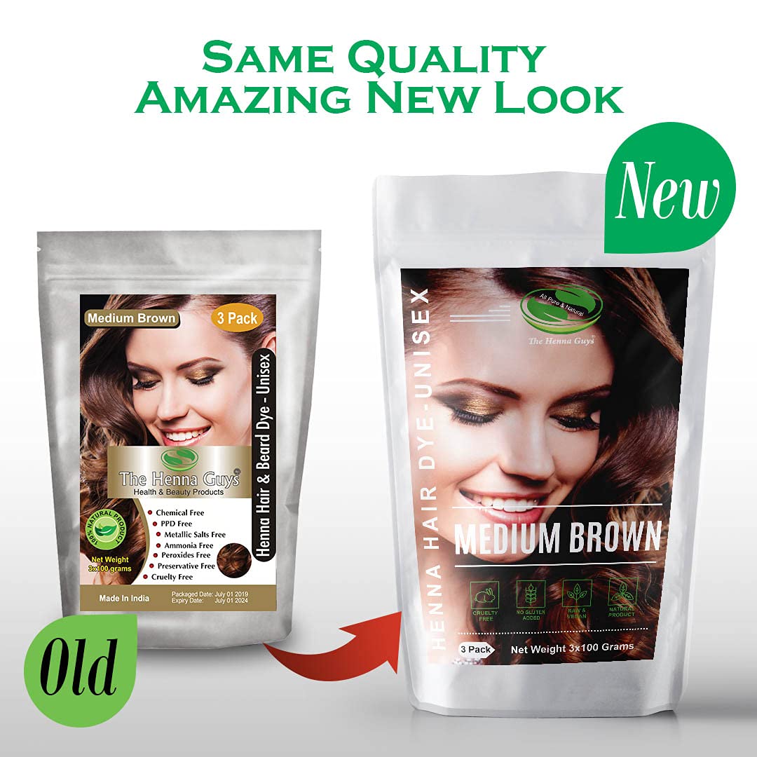 3 Packs Of Medium Brown Henna Hair & Beard Color/Dye 100 Grams - Natural Hair Color, Plant-based Hair Dye - The Henna Guys Beauty & Personal Care The Henna Guys