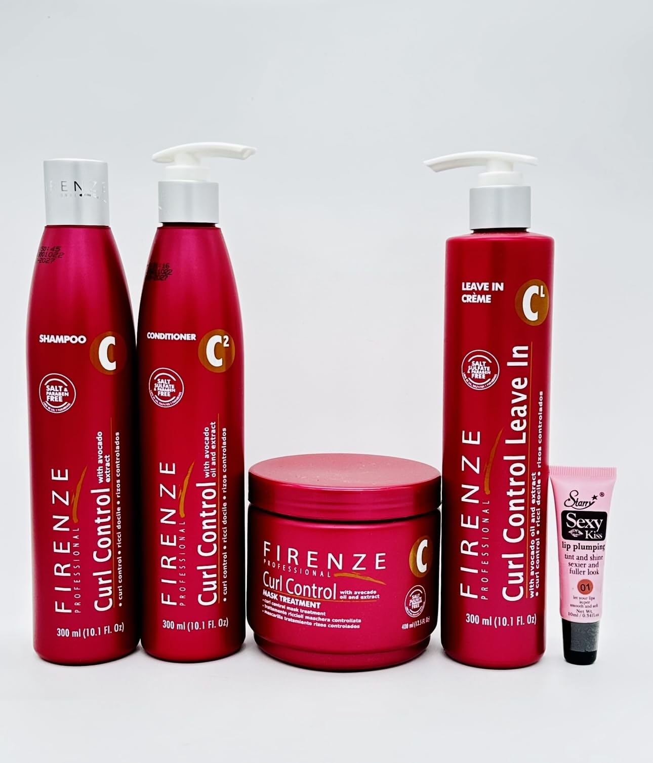 Firenze Professional Curl Control Shampoo 10.1 oz, Conditioner 10.1 oz, Leave-in Cream 10.1 & Mask Treatment13.5 oz- m- Free Starry Lip Plumping Gloss Beauty & Personal Care Firenze Professional