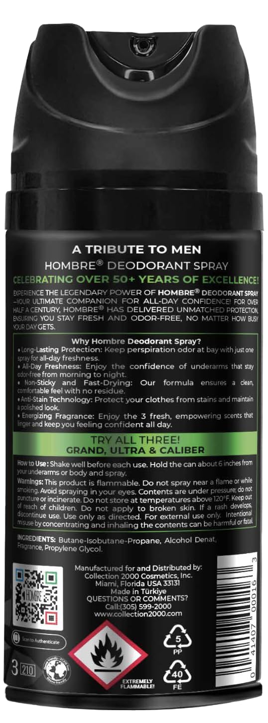 HOMBRE Caliber Spray Deodorant for Men - Aromatic Green Marine Scent - High-Performance Aluminum-Free Deodorant Spray 150 ml (Pack of 1) Beauty and Personal Care HOMBRE