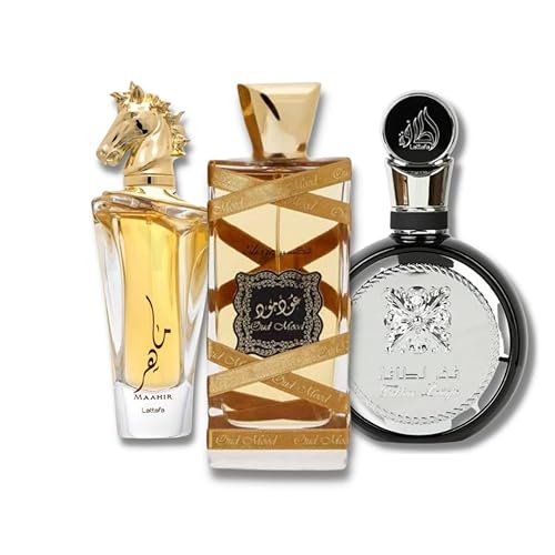 Lattafa for Unisex 3 Piece Eau de Parfum Gift Set (Maahir + Fakhar for Men + Oud Mood Elixir) 3.4 Ounce/100 ml each Beauty & Personal Care Lattafa